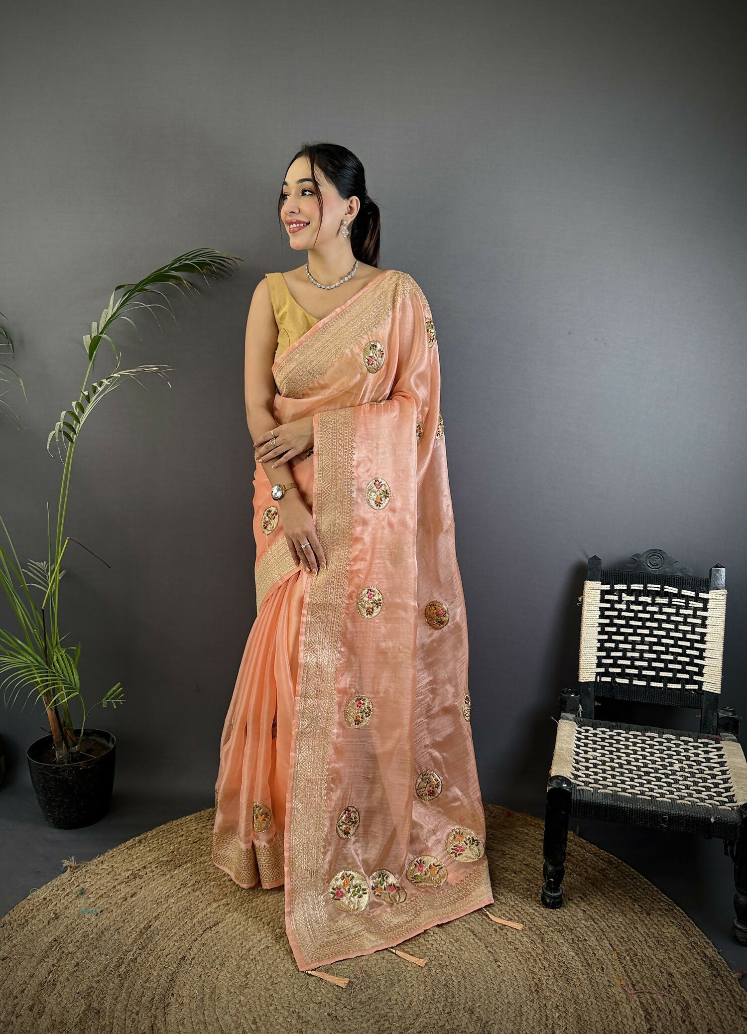 Joban Fashion Peach Handloom Banarasi Organza Silk Khatali Butta Work Saree