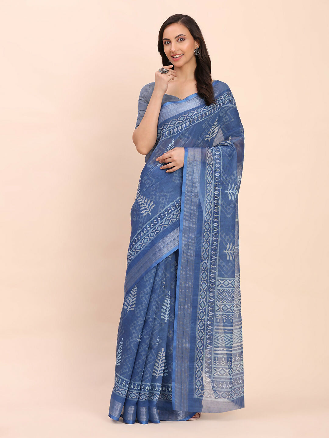 Shree Shyam Fashion Linen Cotton Indigo Blue Saree