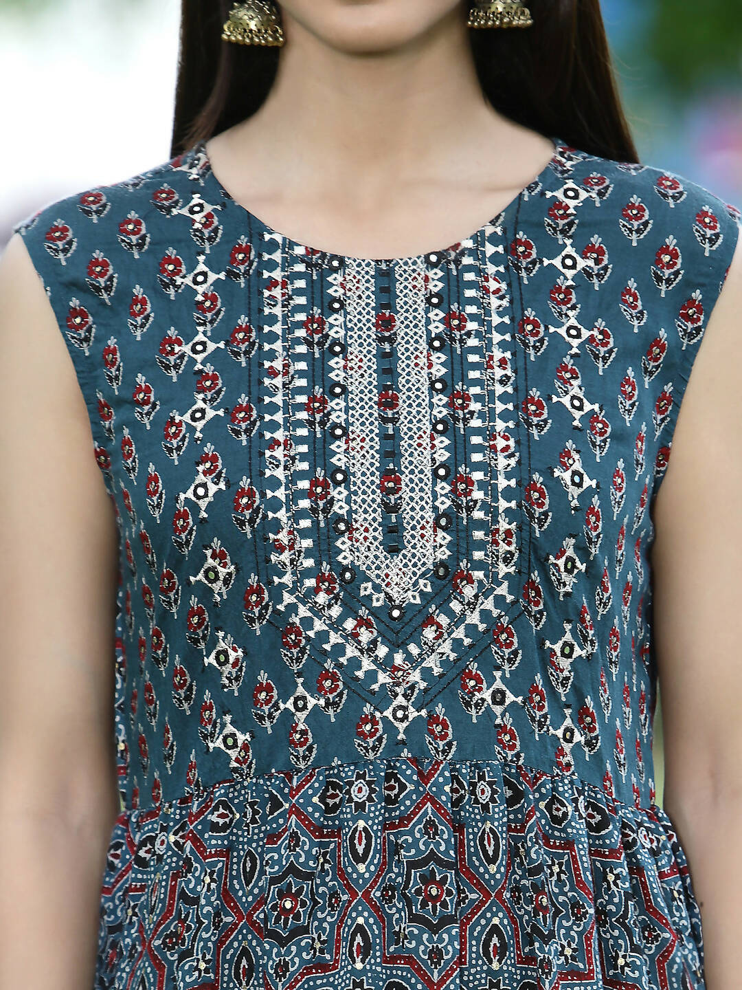 Juniper Women Teal Chanderi Festive Printed Tiered Kurta
