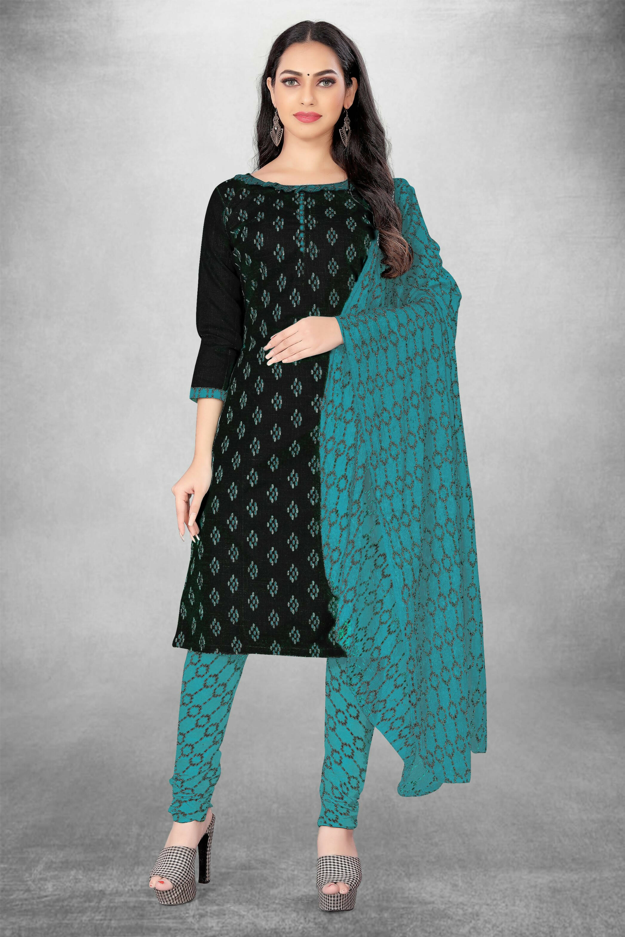 Black Cotton Printed Unstitched Dress Material - Amara