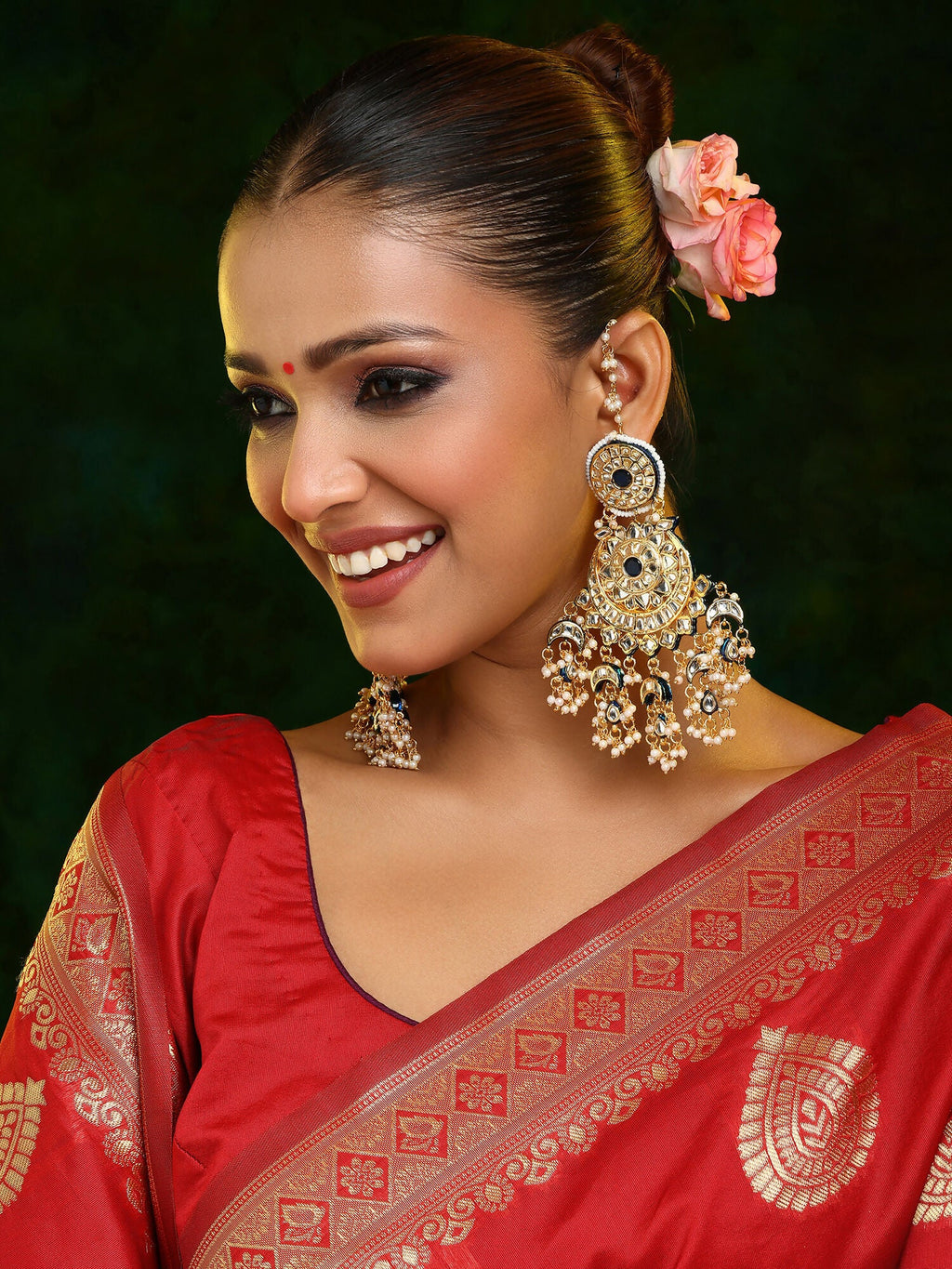 Ruby Raang 22k Gold Polished Kundan Chand Earrings With Ear Chains