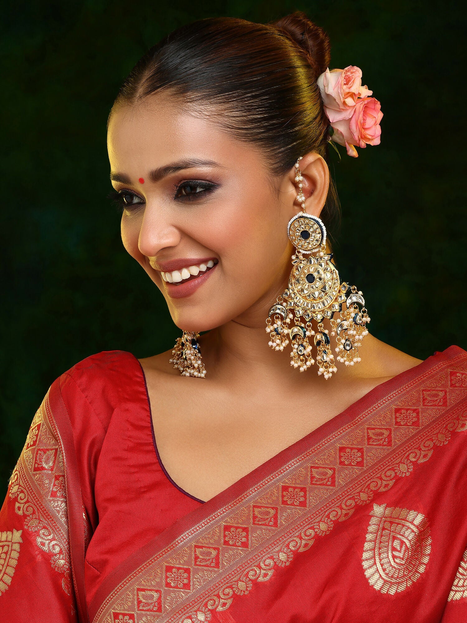 Ruby Raang 22k Gold Polished Kundan Chand Earrings With Ear Chains