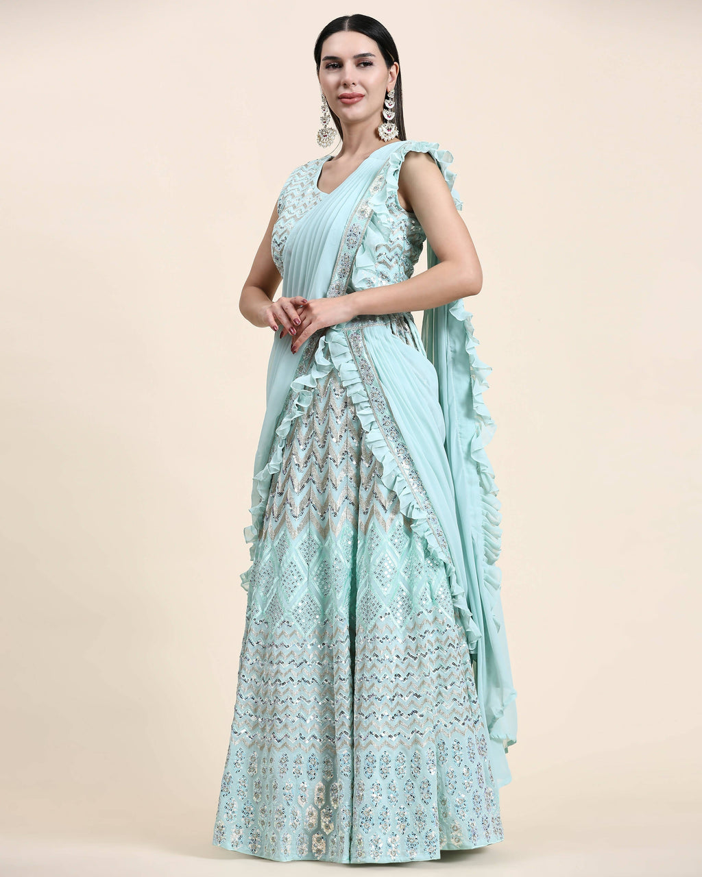 Sky Blue Pure Viscose Georgette Thread With Sequins Embroidery Work Lehenga Choli With Dupatta - Tanya