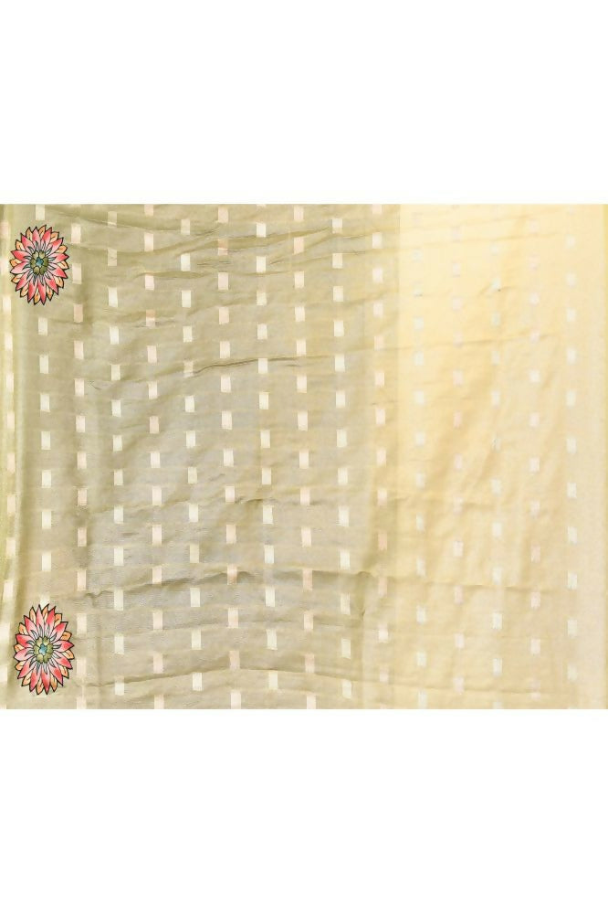 Joban Fashion Green Saree Tissue Zari Buti Allover Applick With Contrast Blouse