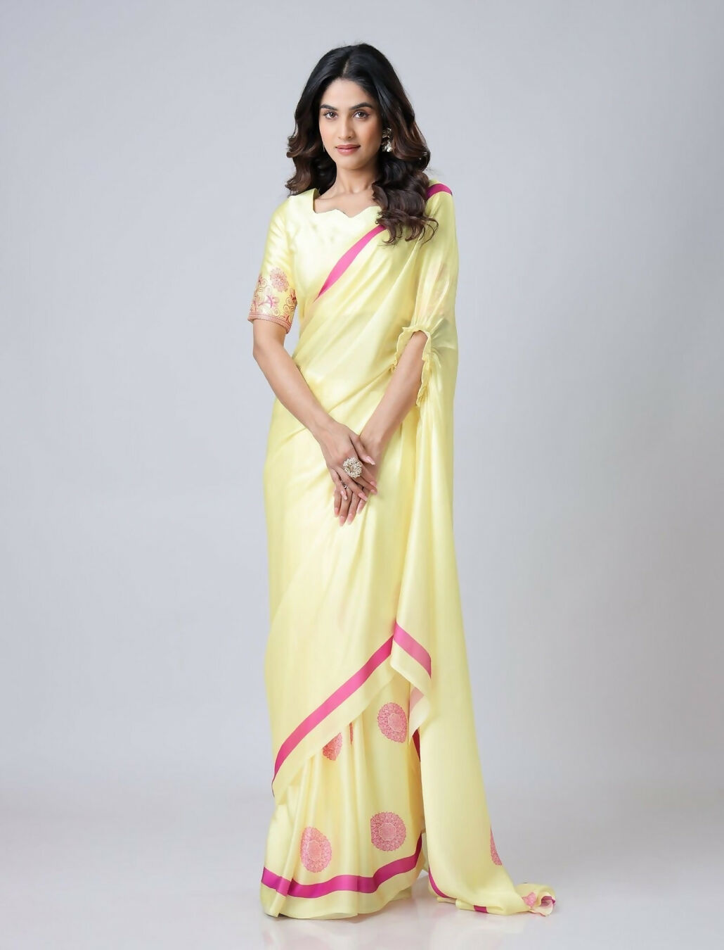 Vastranavya Yellow Mandala Print Free Hand Ready to Wear Saree