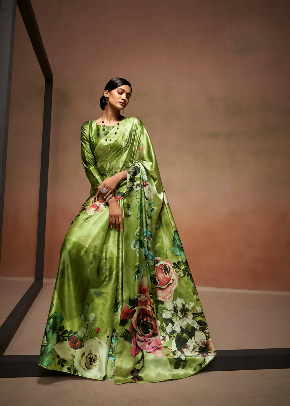 Green Satin Digital Printed Saree with Unstitched Blouse Piece - Jodha