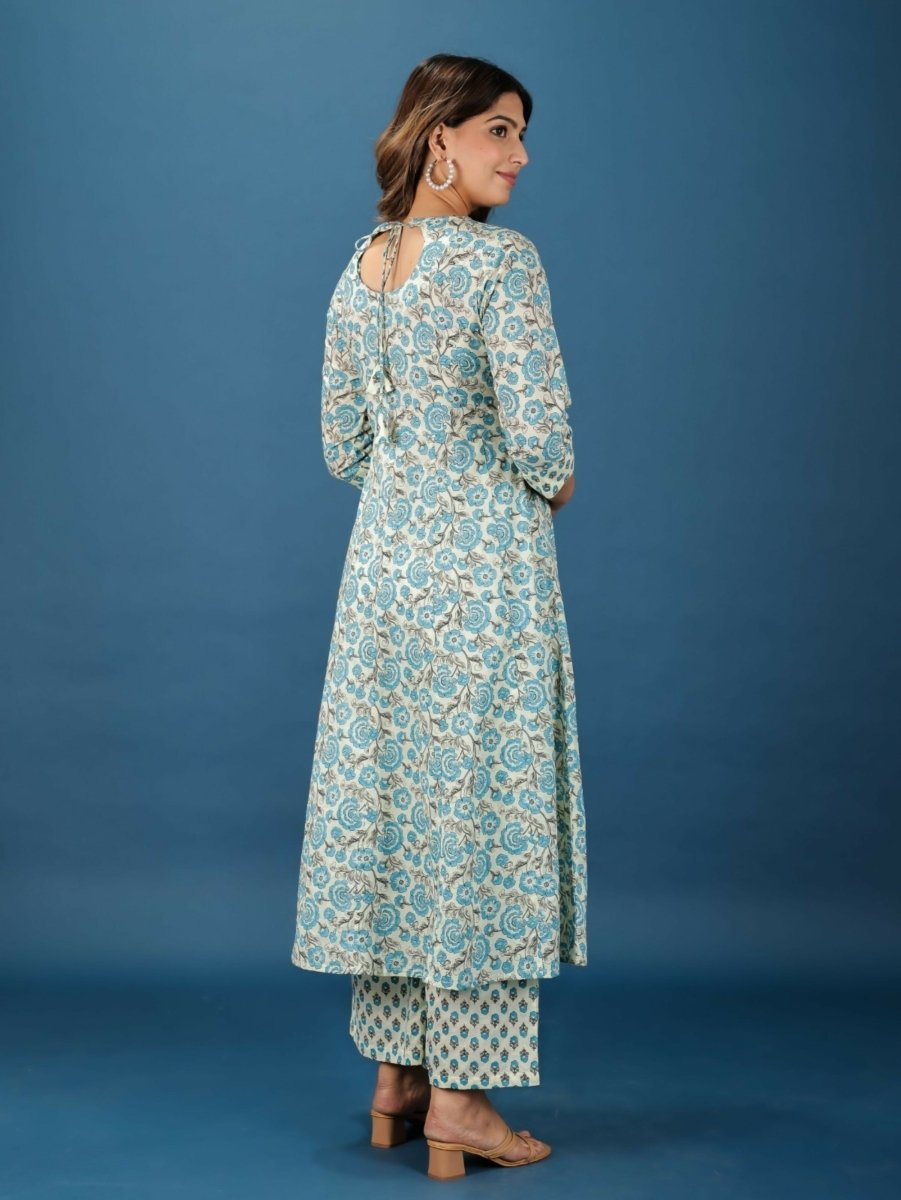Aramya Anarkali Soft Cotton Floral Print Women's Kurta Set - Off White