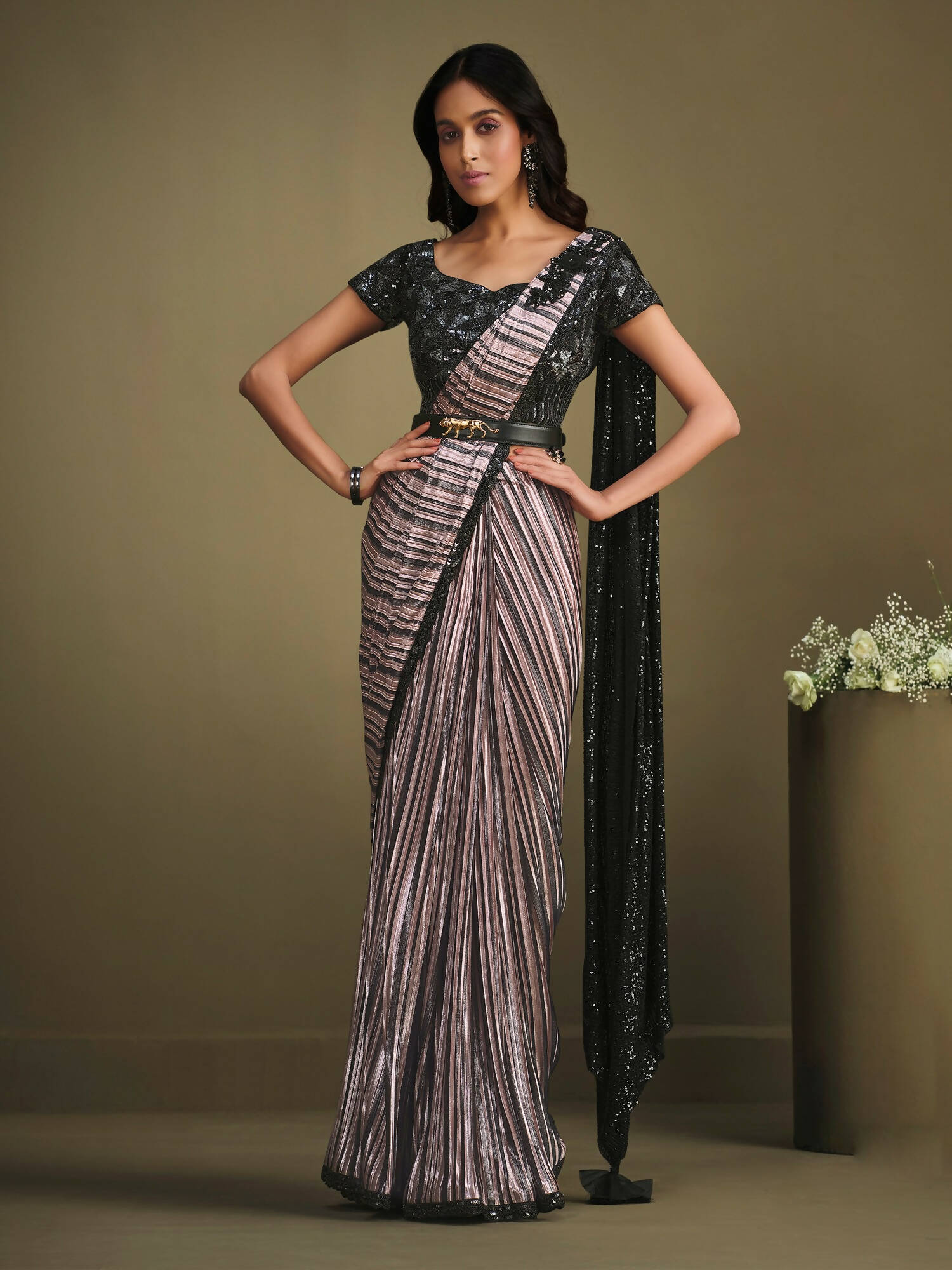 Lavendor Modern Value Sequence Embroidered Saree With Stitched Blouse - Mohmanthan La Belle