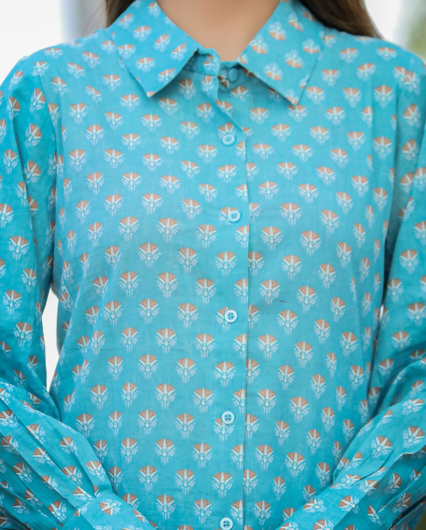 Kaajh Women's Sky Blue Printed Cotton Kurta Pant Set