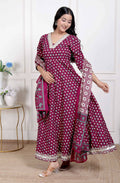 Miravan Women's Maroon embroidered Anarkali Kurta and Dupatta