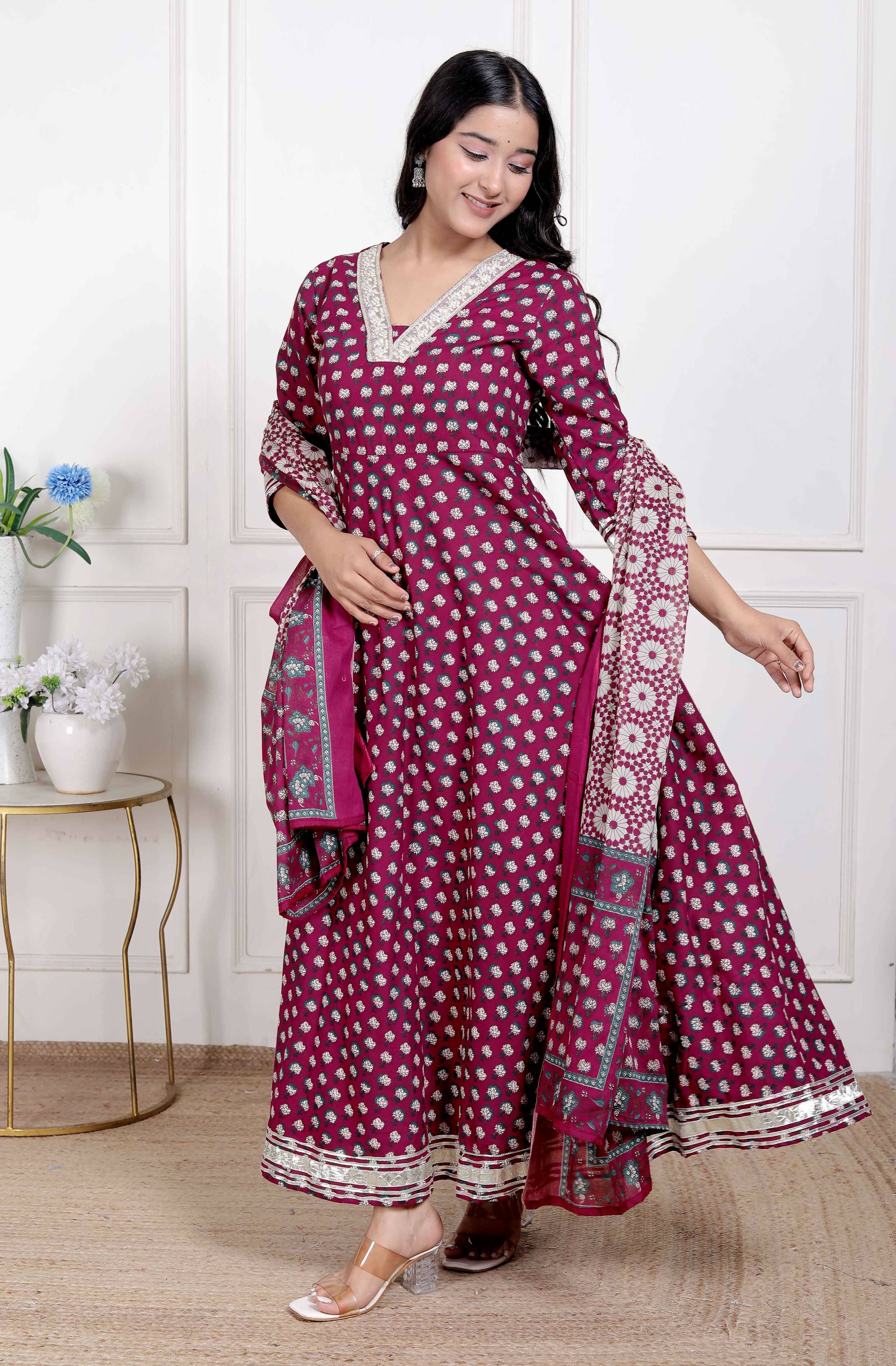 Miravan Women's Maroon embroidered Anarkali Kurta and Dupatta