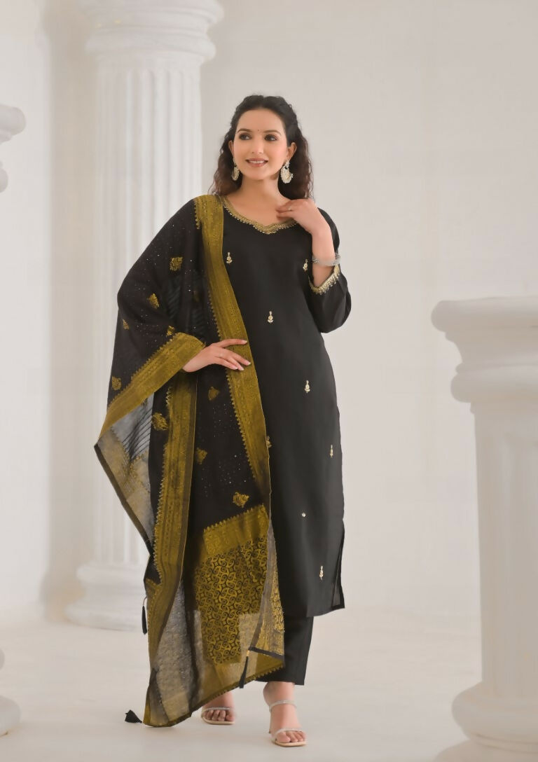 Ethnic Festive Wear Viscose Chanderi Black Stitched Suit With Dupatta - Tanisha