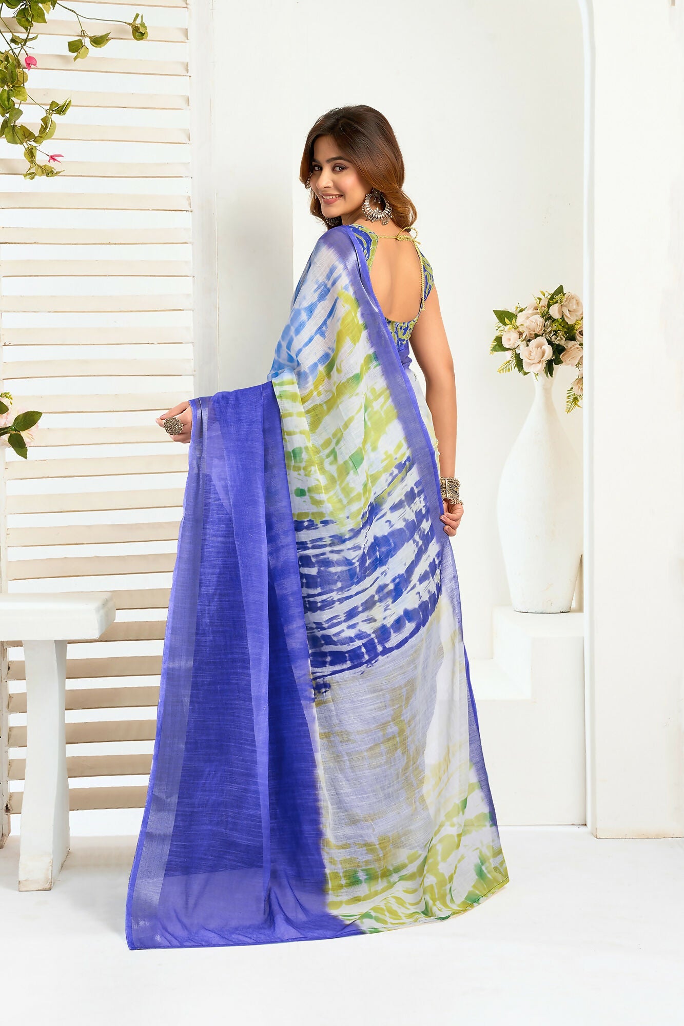 Vastranavya Blue Digital Printed Linen Ready To Wear Designer Saree with Unstitched Blouse