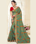 Sea Green Chiffon Brasso Printed Saree With Unstitched Blouse Piece - Jyoti
