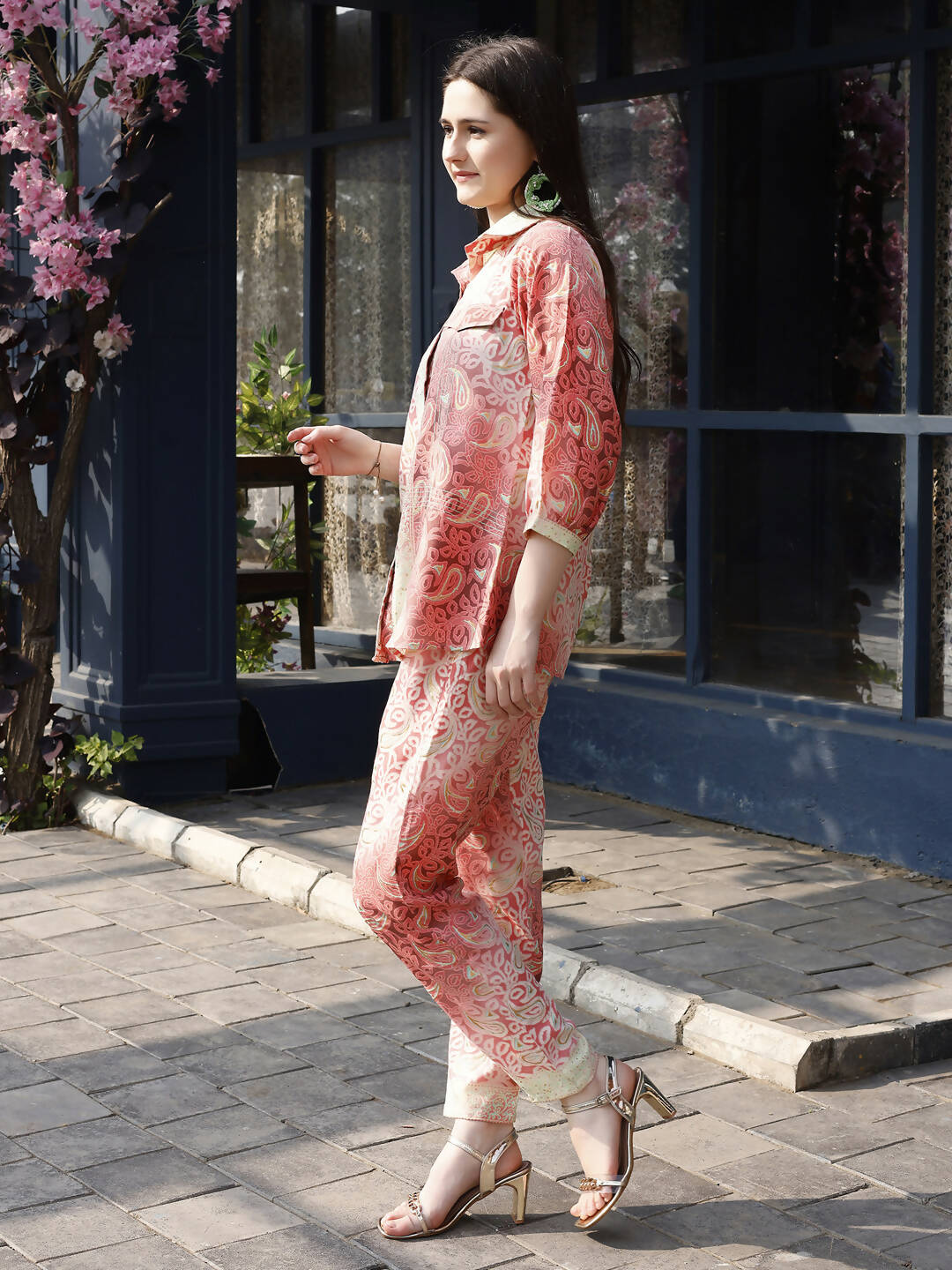 Red & Cream Rayon Paisley Printed Top with Matching Bottom - Eesha