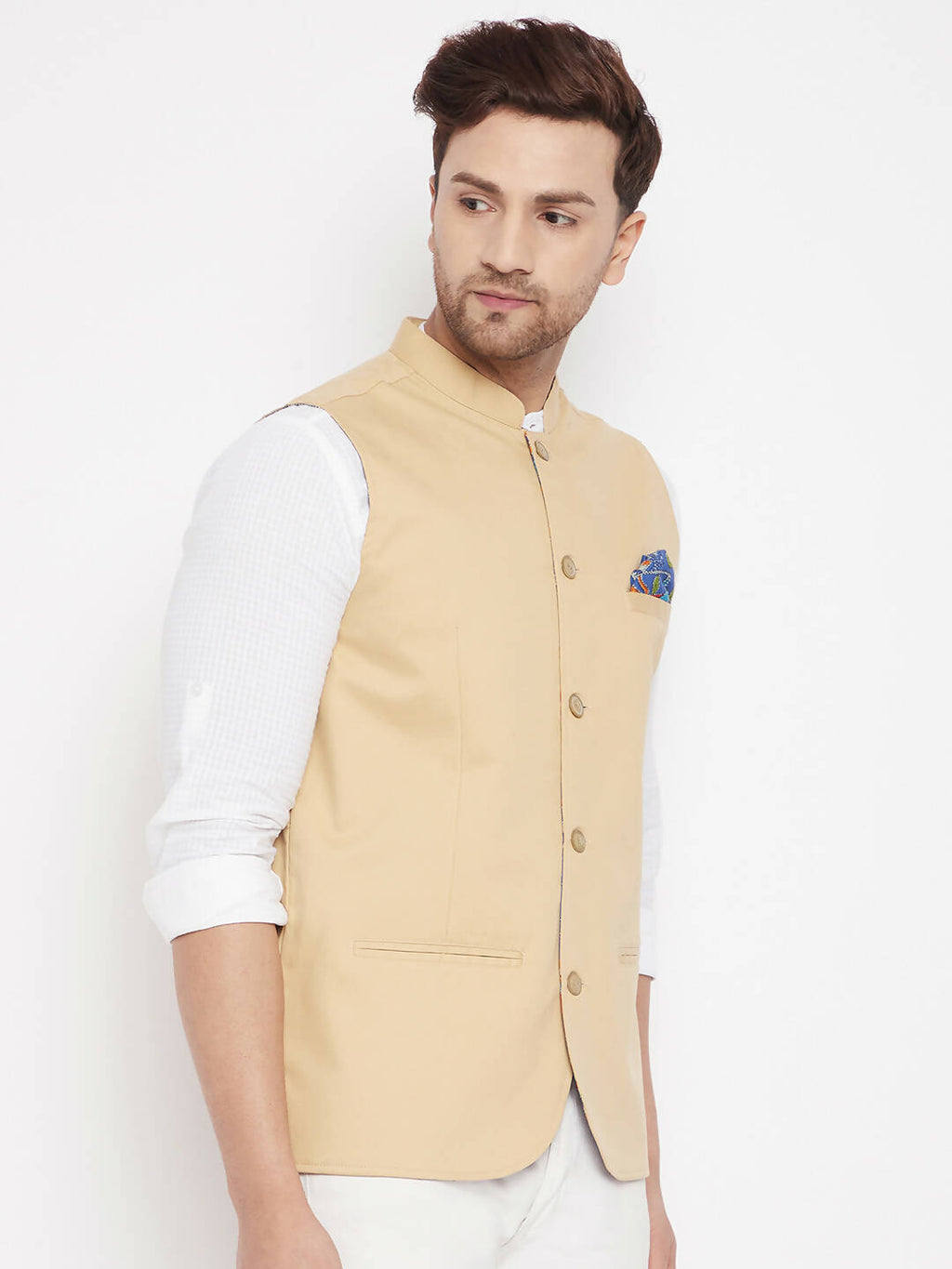 Even Apparels Beige Polyester Men's Nehru Jacket-Contrast Lining-Inbuilt Pocket Square