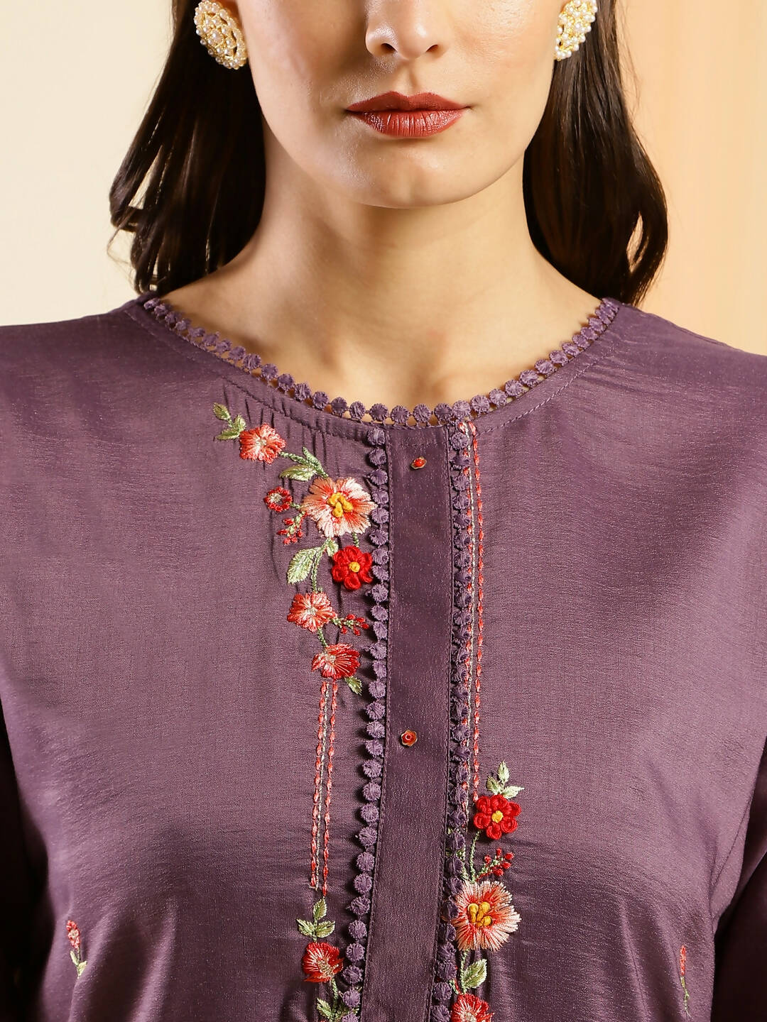 Purple Chinon Embroidered Straight Kurta with Trouser & Dupatta - Salimar