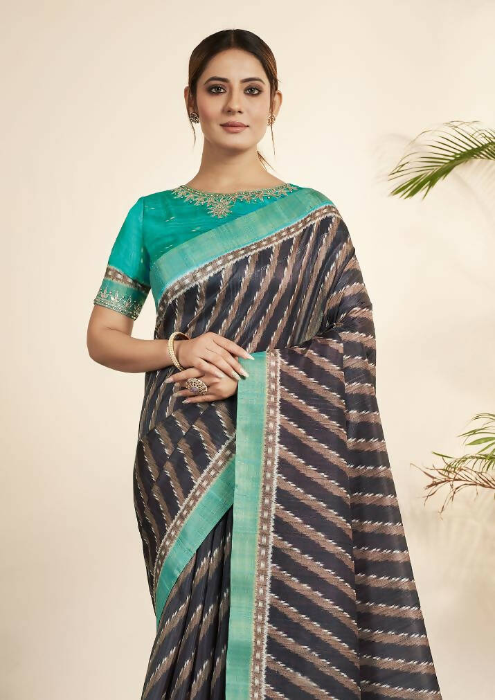 Navy Blue Bhagalpuri Silk Stripe printed with Stone Work & Hand Work Saree - Norita Nirvi