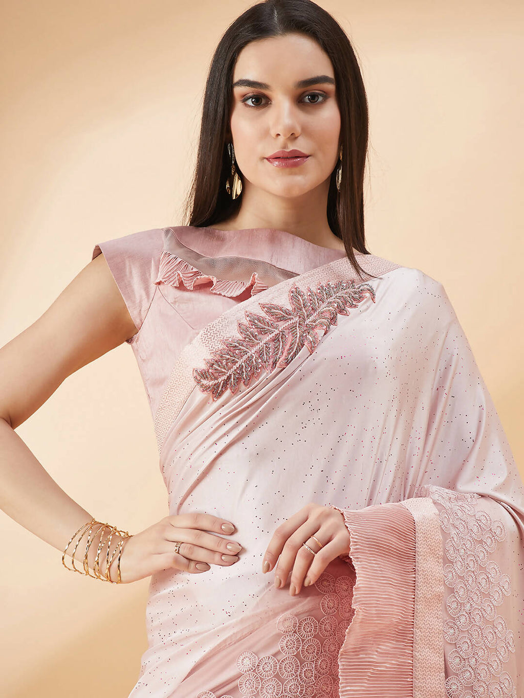 Pink Lycra Frill Details, Hand Embroidered Brooch Saree - Norita Hit Design