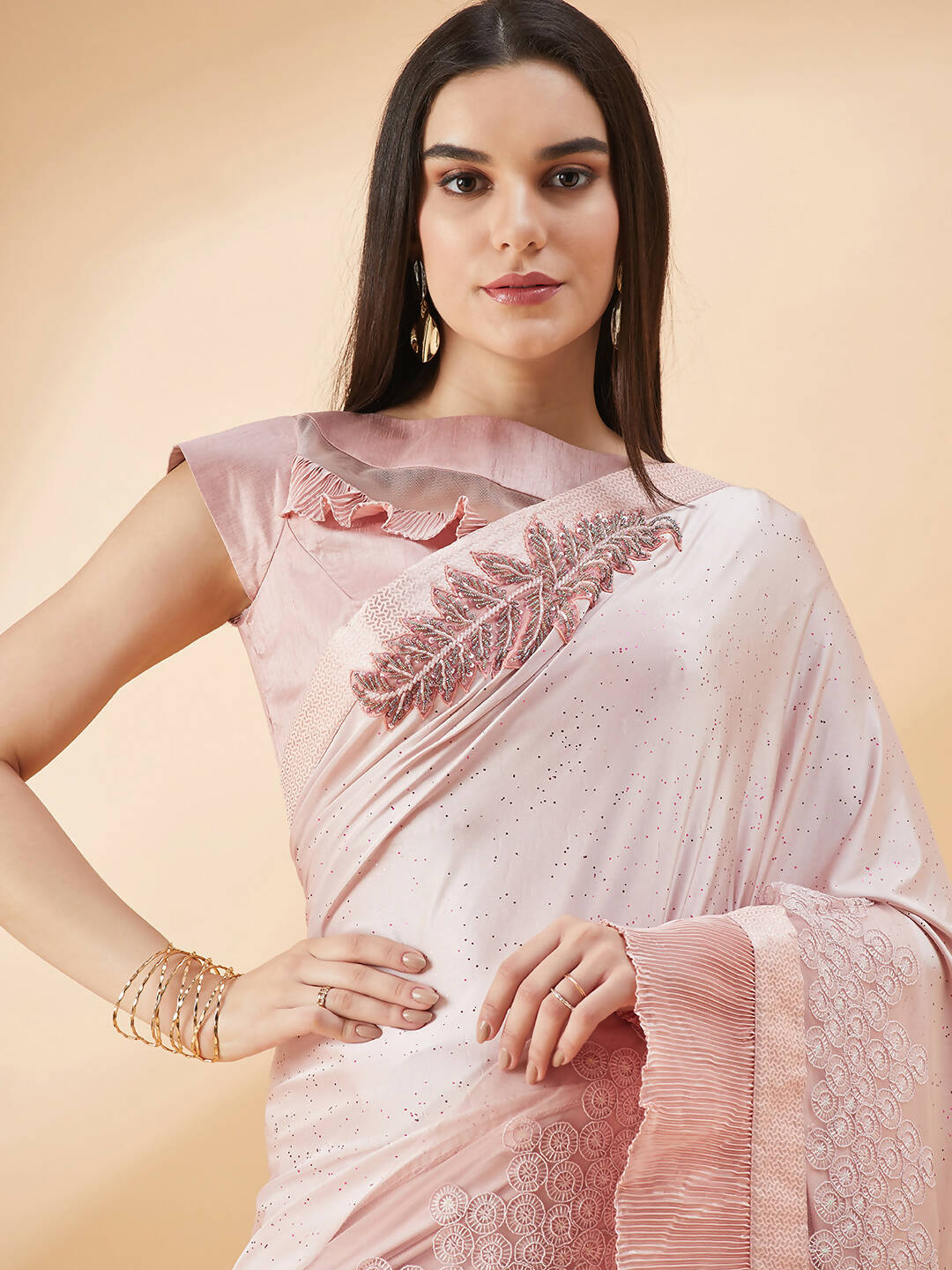 Pink Lycra Frill Details, Hand Embroidered Brooch Saree - Norita Hit Design