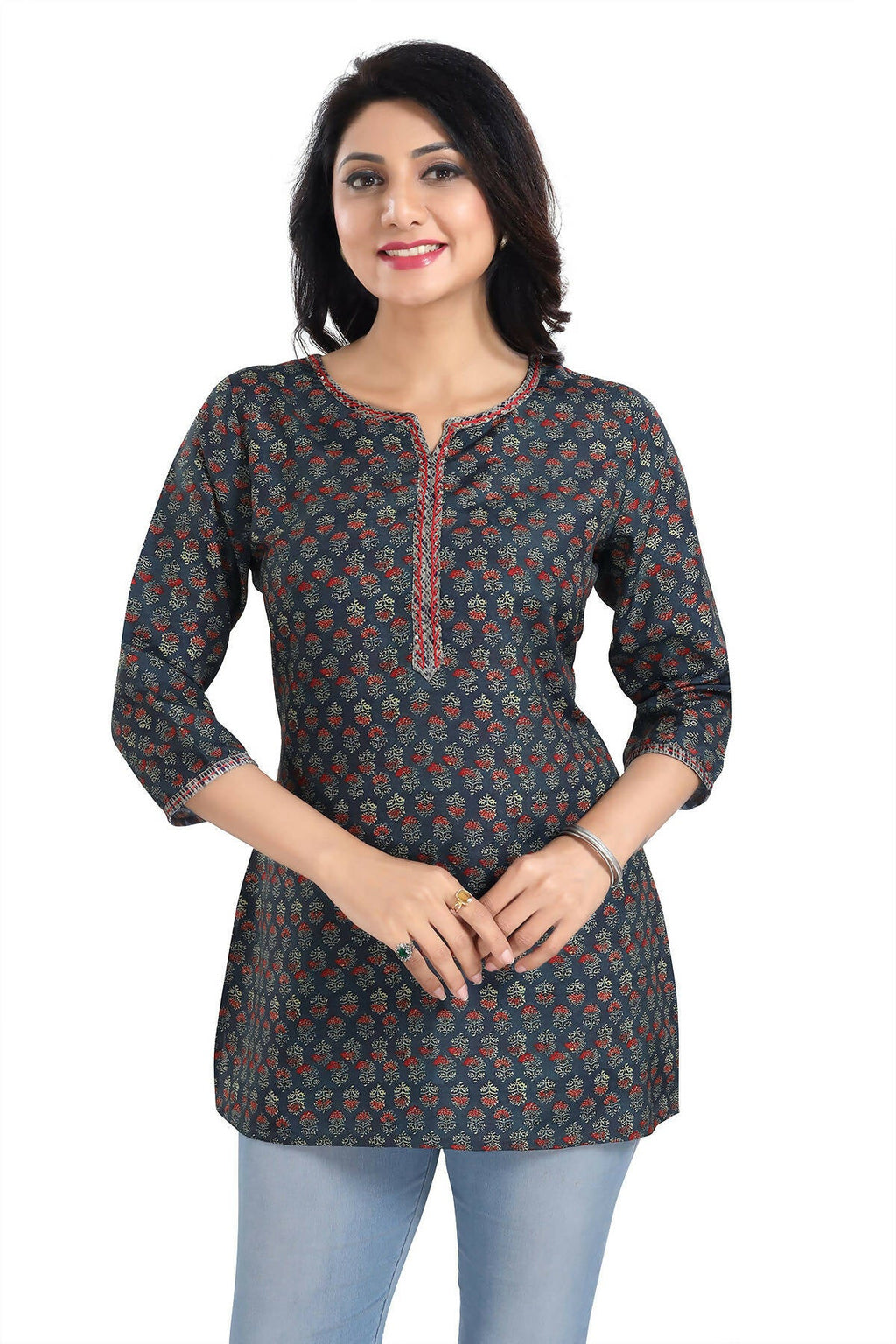 Snehal Creations Novel Navy Blue Rayon Short Kurti Tunic Top