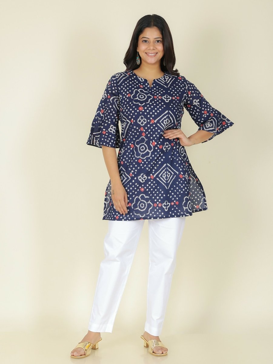 Aramya Blue Soft Cotton Bandhani Print Straight Kurta Set for Women