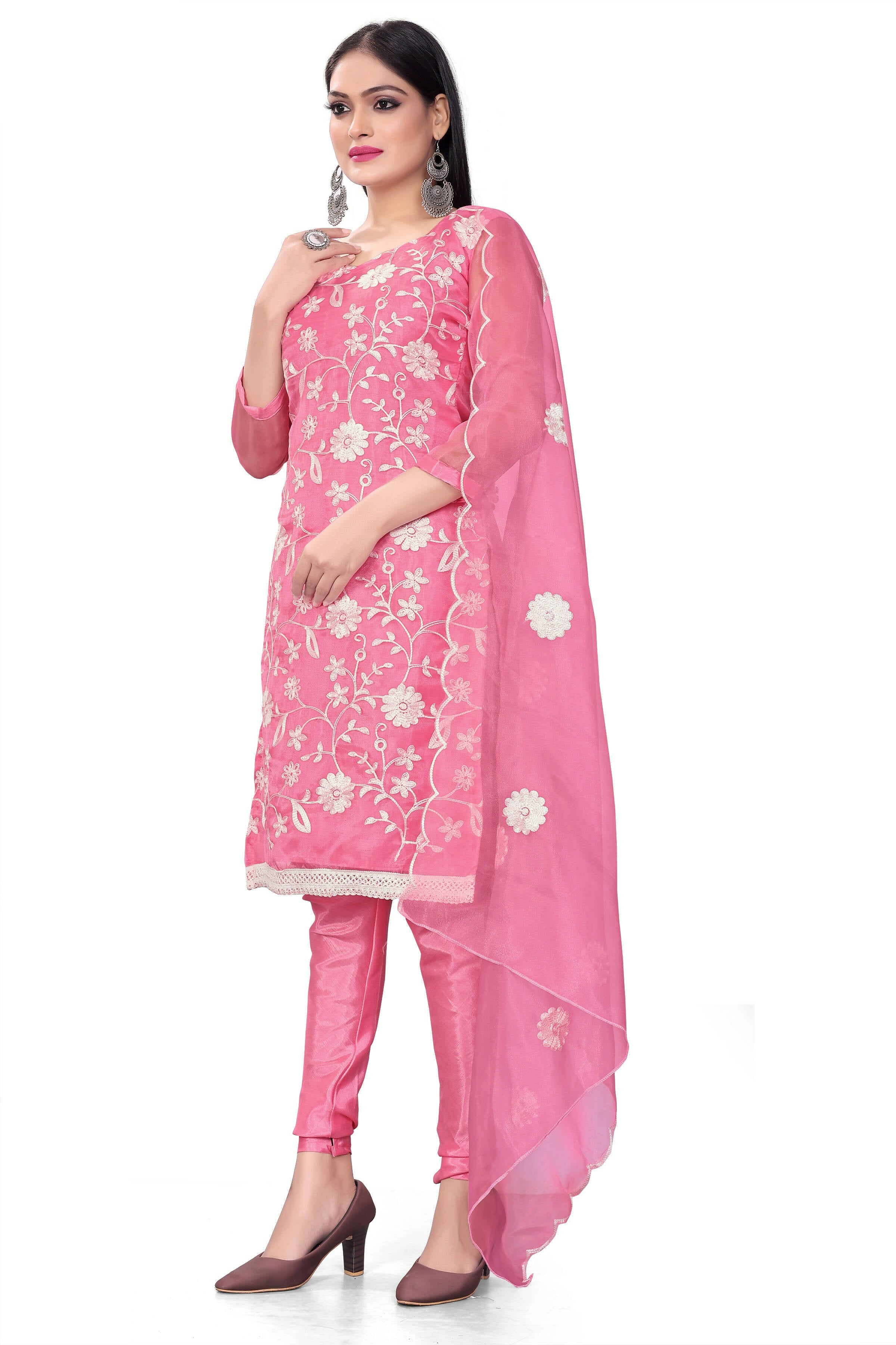 Pink Organza Silk Embroidered Work Unstitched Dress Material - Tanvi