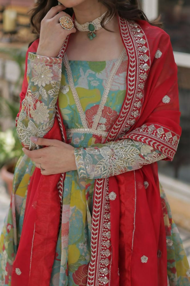 Vastranavya Multicolor Russian Silk Foil Embroidery with Zari Sequins & Digital Printed Gown Dupatta