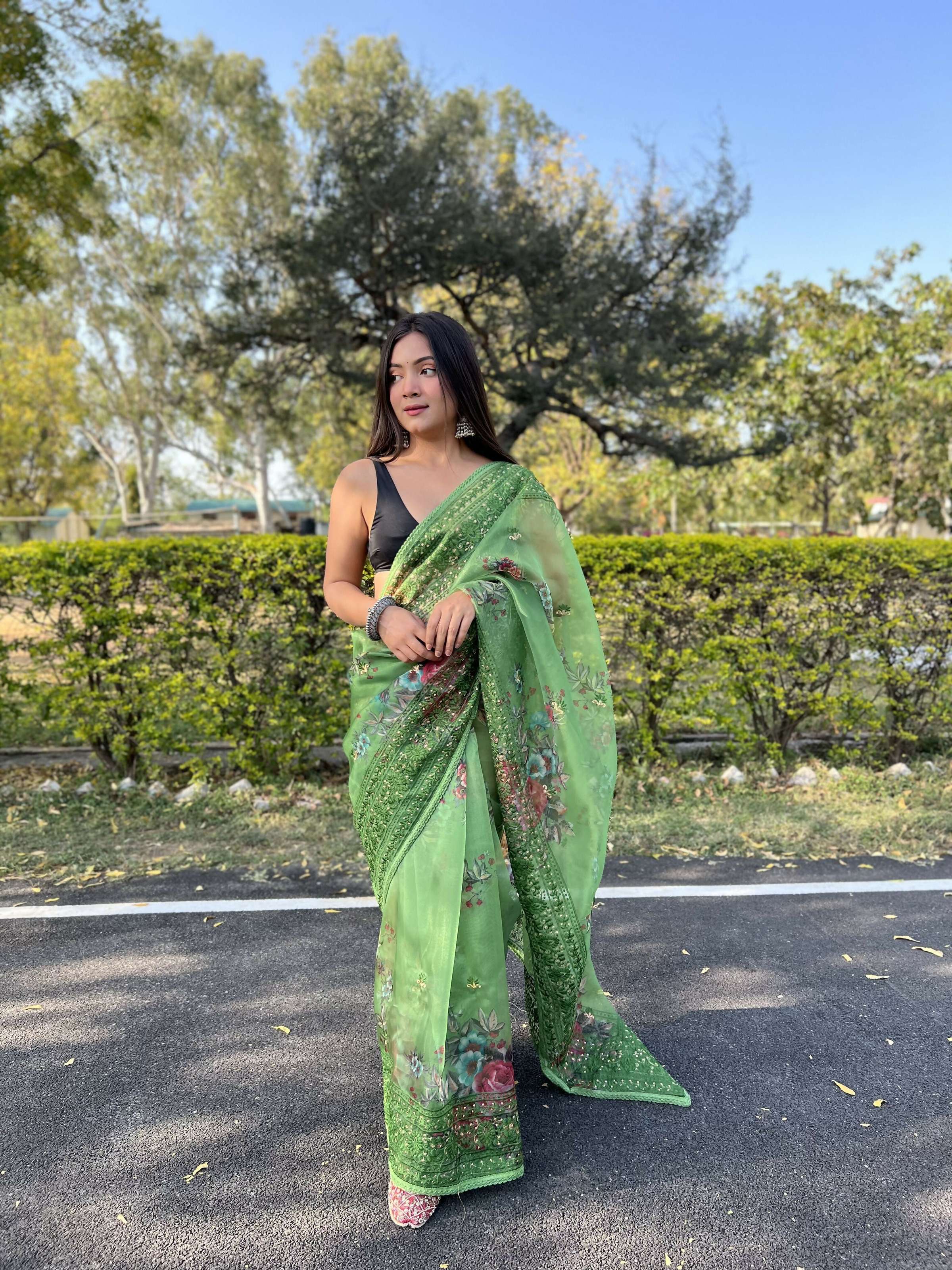 Vamsee Vidhi 1 Green Organza Saree