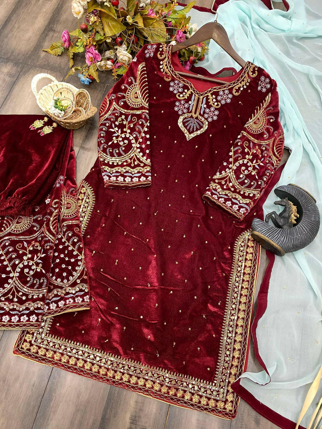 Vastranavya Maroon Viscose Velvet Cording Sequence Embroidery Work Suit With Dupatta