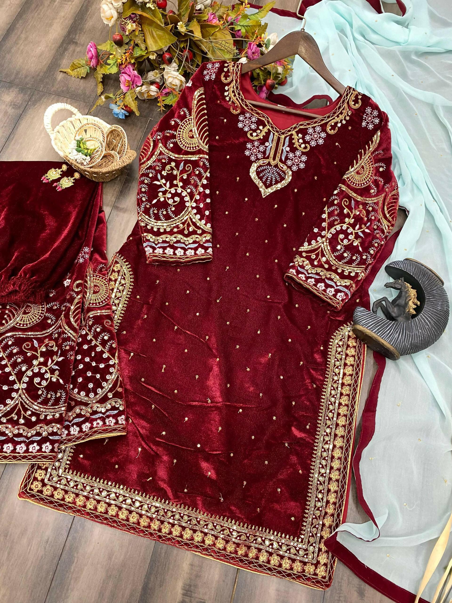 Vastranavya Maroon Viscose Velvet Cording Sequence Embroidery Work Suit With Dupatta