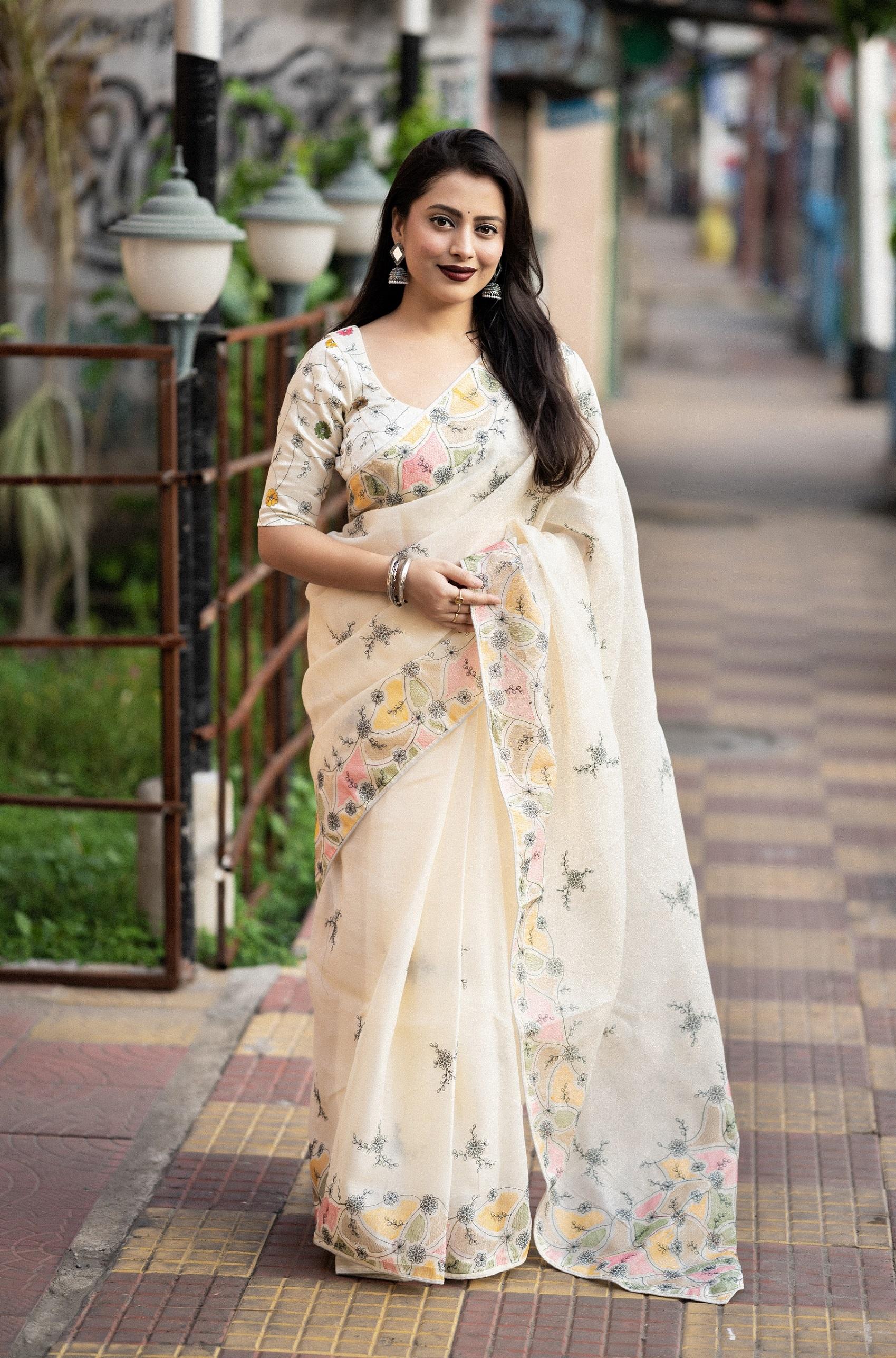 Cream Pure Linen Ethnic Motifs Saree with Unstitched Blouse - Hiral Fashion