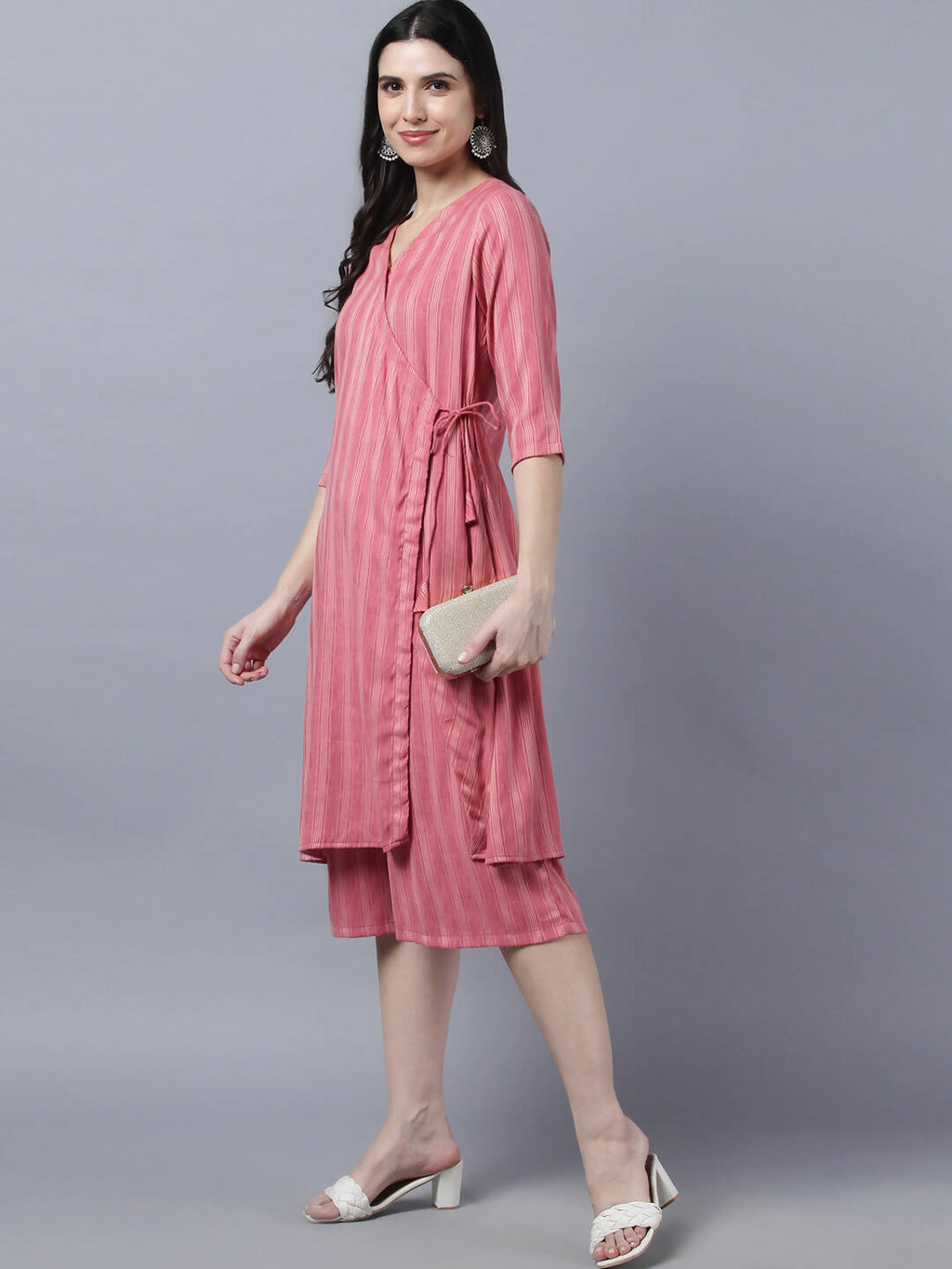 Myshka Stylish Pink Cotton 3/4 Sleeve Women's Kurta Palazzo Set
