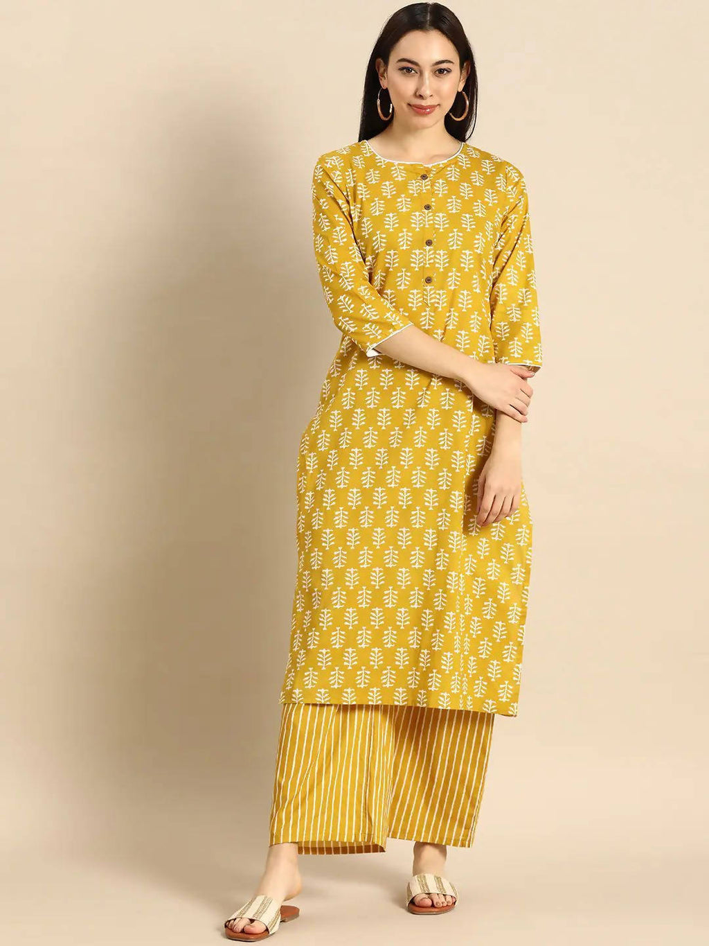 Vamika Printed Cotton Yellow Party Wear/Casual Wear Kurta Set/Suit
