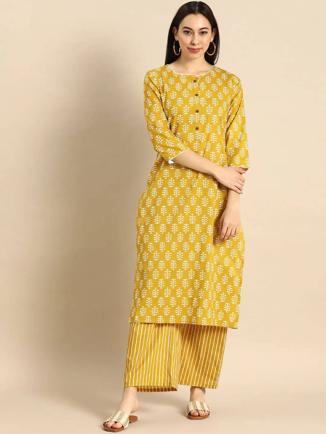 Vamika Printed Cotton Yellow Party Wear/Casual Wear Kurta Set/Suit