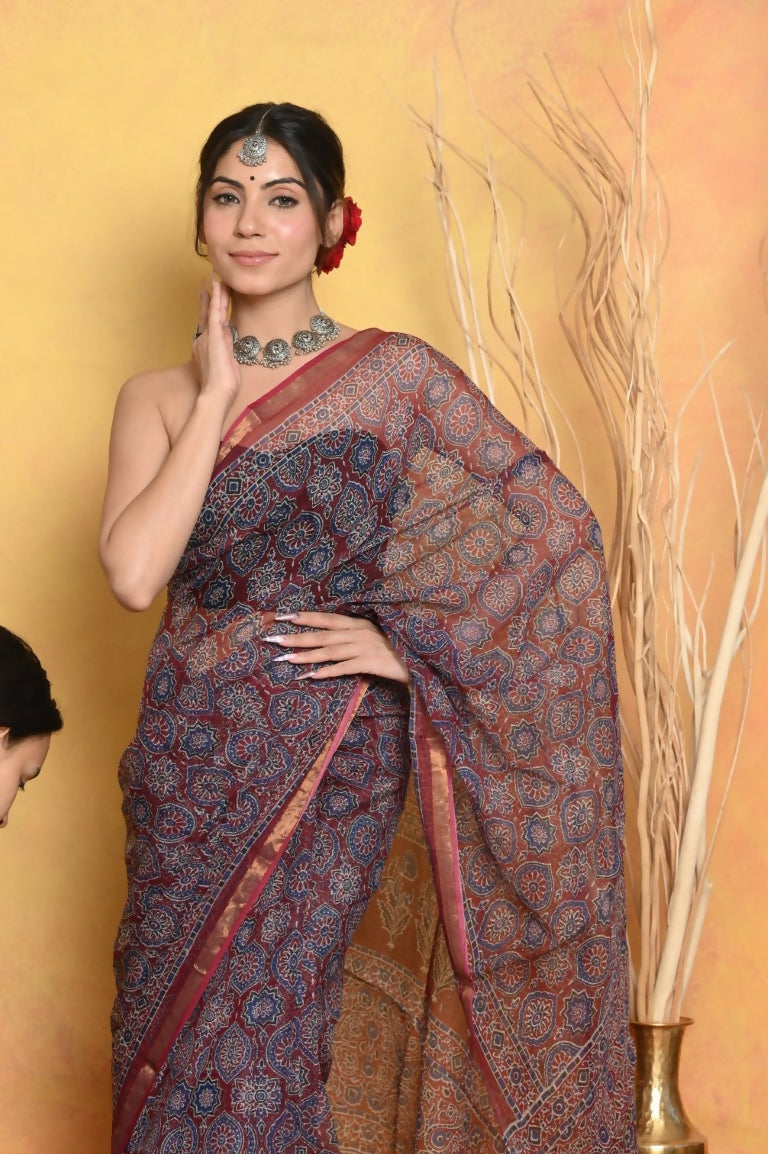 Very Much Indian Pure Kota Cotton Handblock Printed Saree - Grey