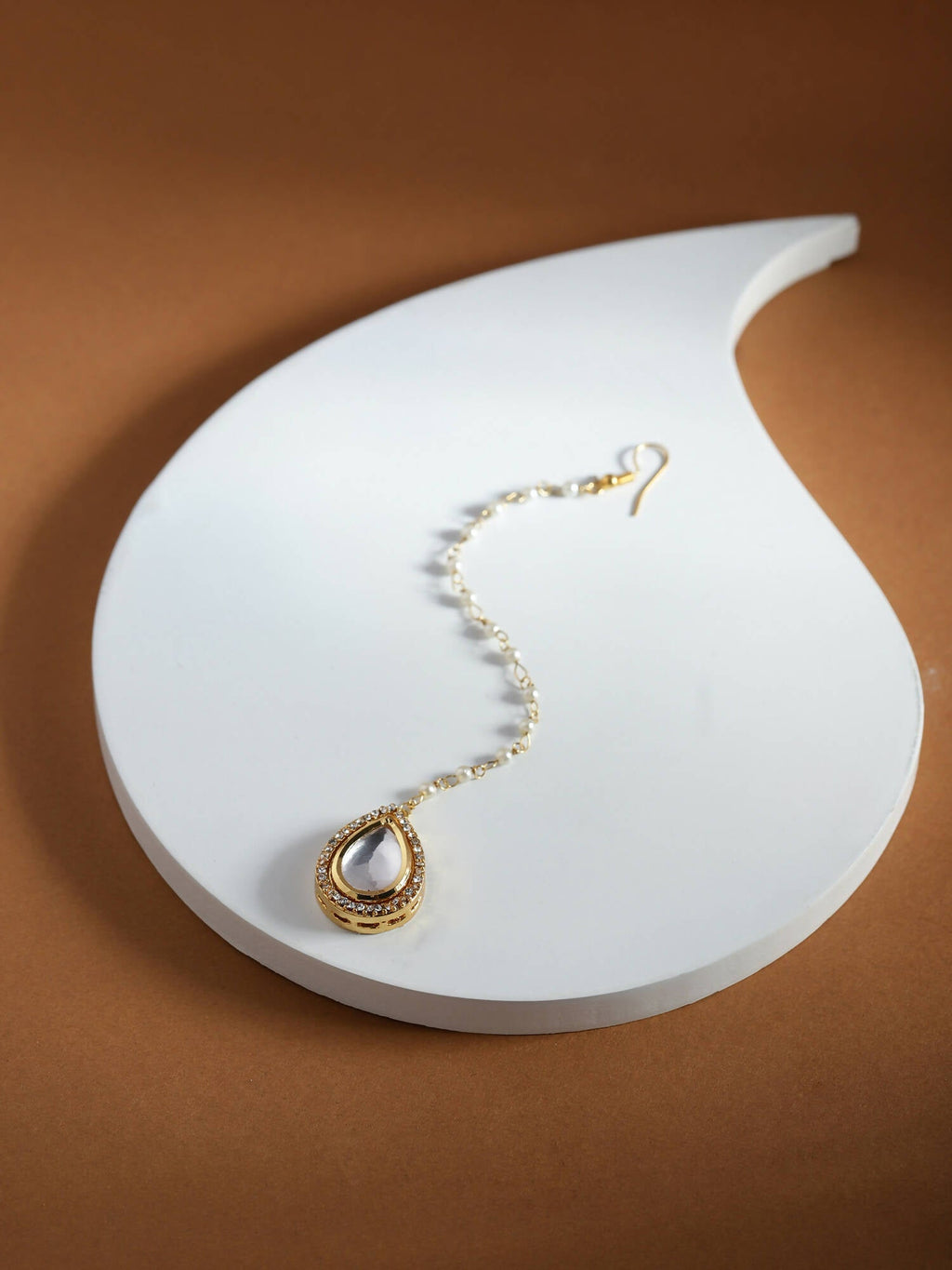 Gold-Polished White Kundan-Studded Pearl Beaded Maang Tikka - Ruby Raang