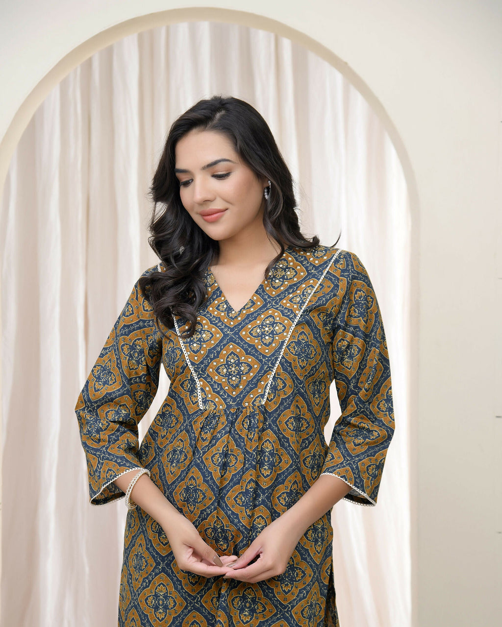 Vaasva Blue Ajrakh Cotton Printed Gathered Kurti With Pant