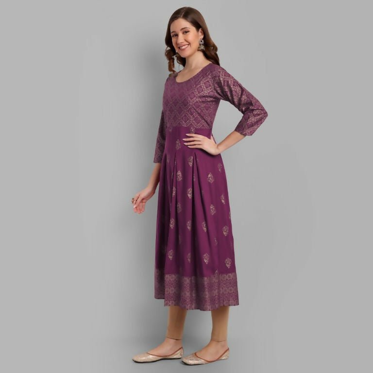 Alvano Beautiful Printed Anarkali Kurta for Women and Girls Casual wear, Partywear, Wedding (Wine)