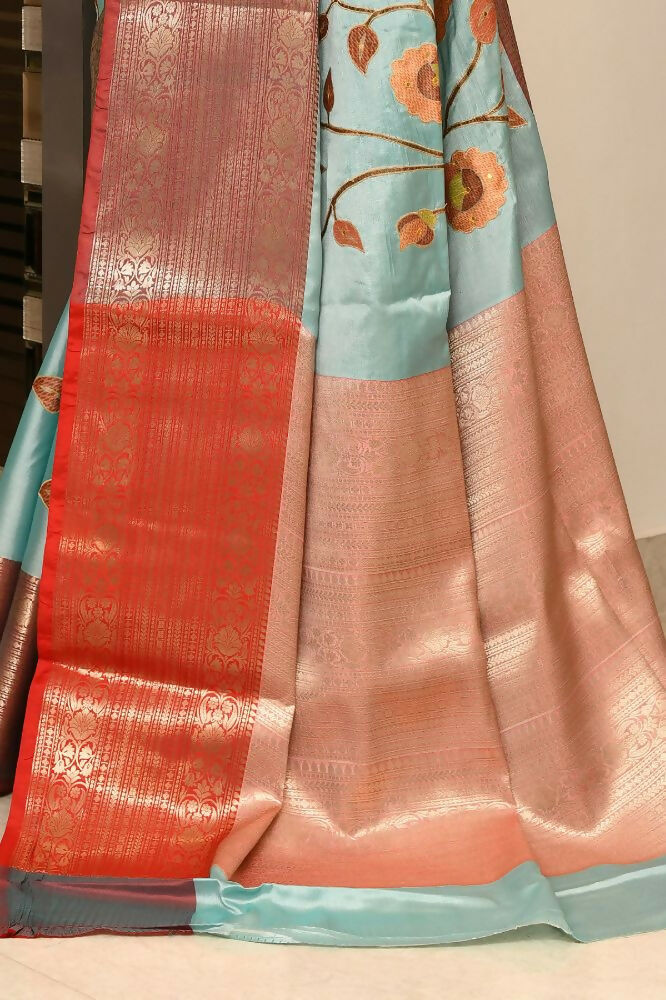 Joban Fashion CGren & Orange Saree Kataan Applick Witch Mirror