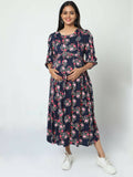 Manet Three Fourth Maternity Dress Floral Print With Concealed Zipper Nursing Access - Navy Blue