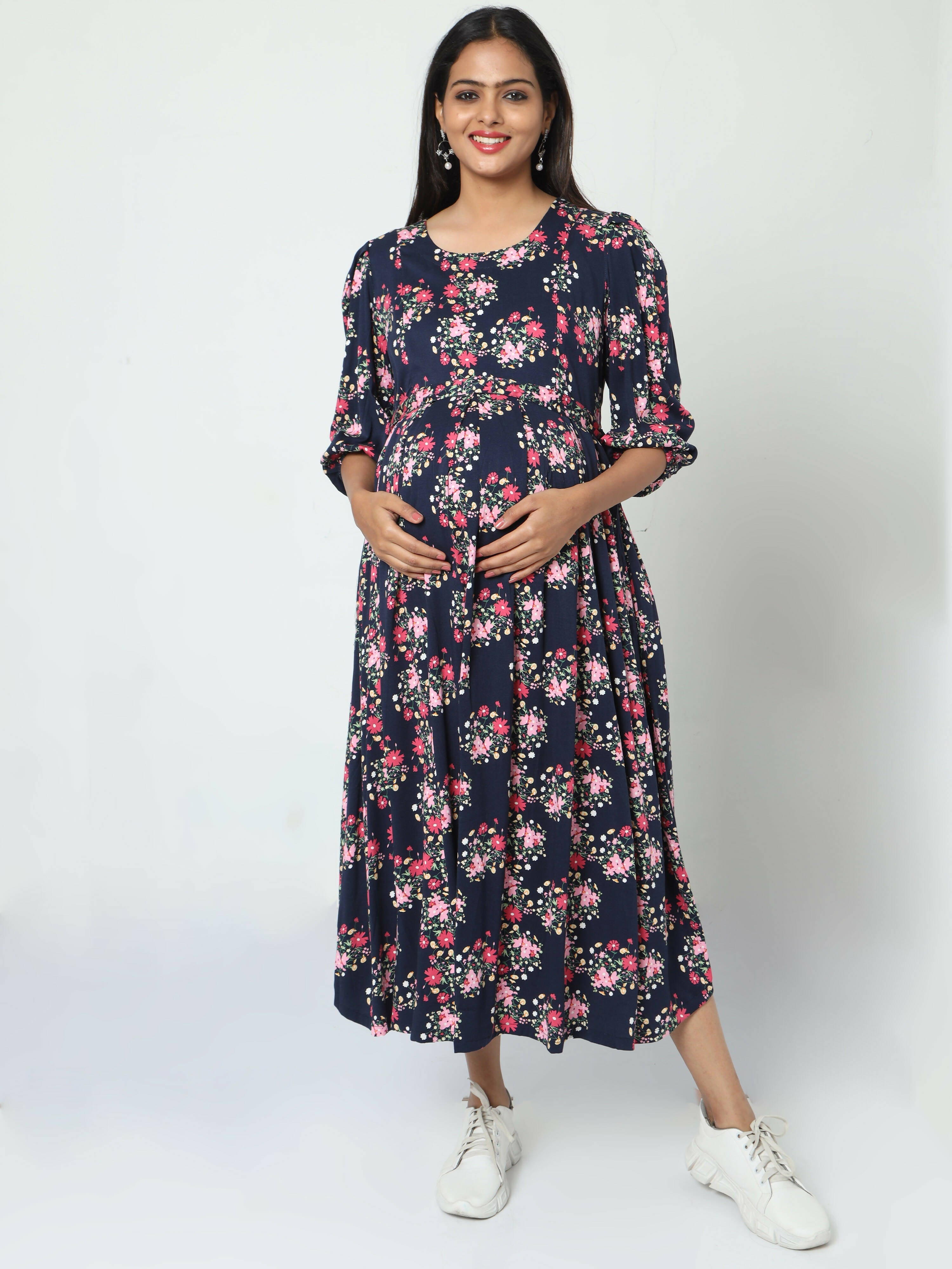 Manet Three Fourth Maternity Dress Floral Print With Concealed Zipper Nursing Access - Navy Blue