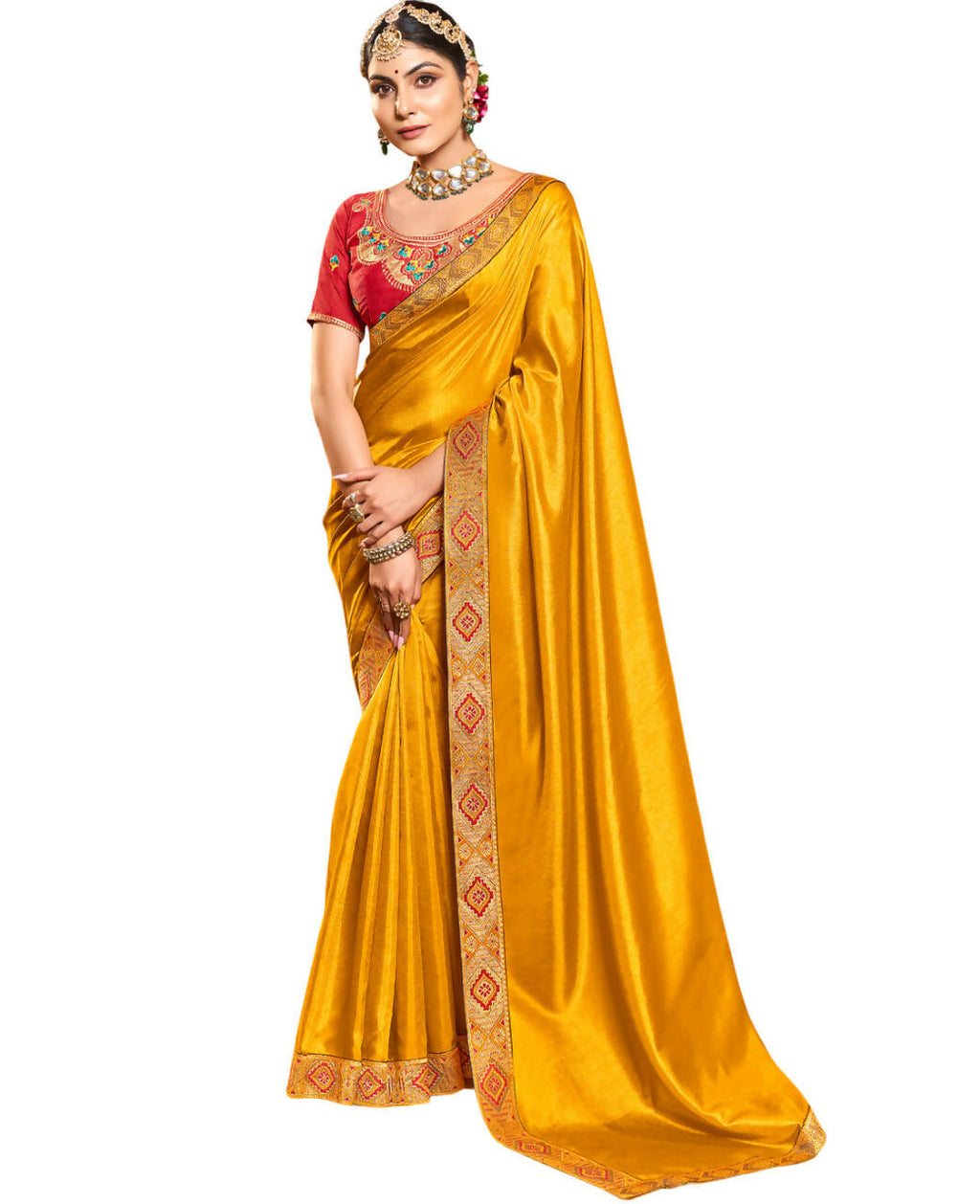 Mustard Solid Vichitra Saree With Unstitched Blouse Piece - Selena