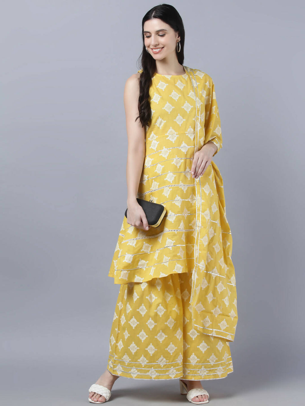 Myshka Women Yellow Floral Pure Cotton Kurti with Palazzos With Dupatta