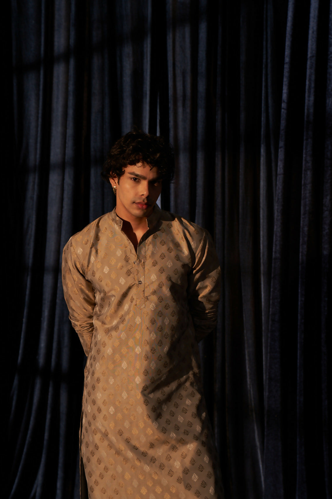Light Brown Viscose Wevon Designer Men's Kurta Set - Mahotsav