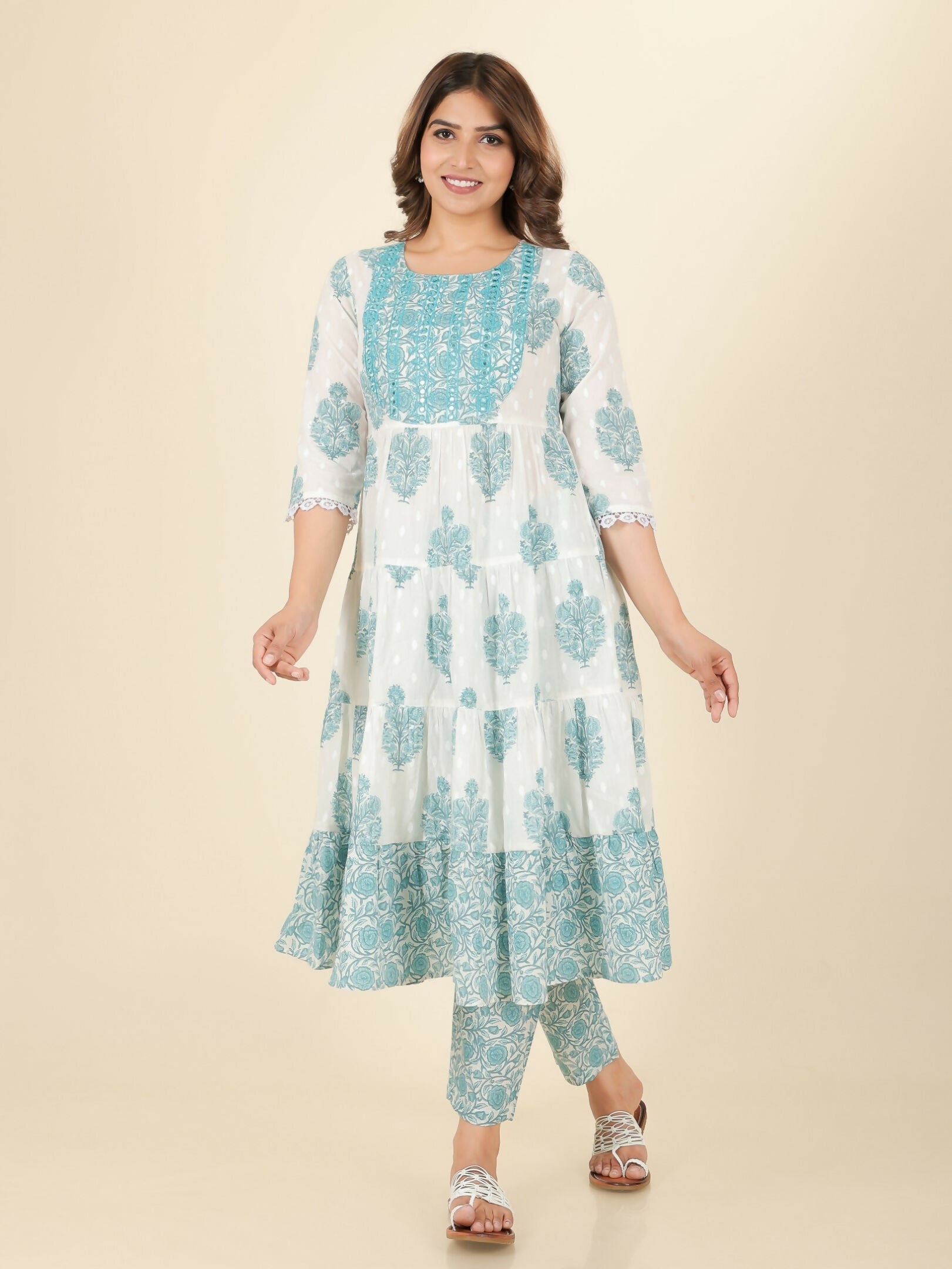 Aramya White Soft Cotton Block Print Anarkali Kurta Set for Women