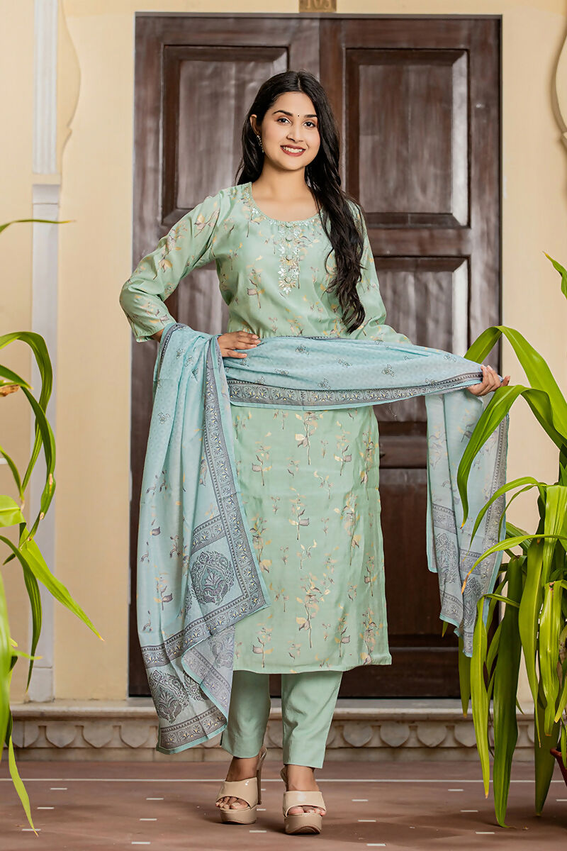 Kaajh Women's Sky Blue Printed Modal Silk Suit Set