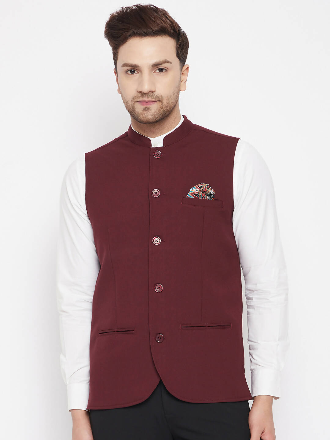 Even Apparels Maroon Merino Men's Nehru Jacket-Contrast Lining-Inbuilt Pocket Square