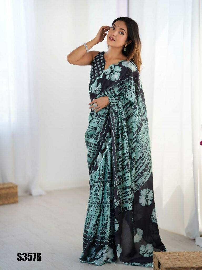 Black Chinon Designer Digital Printed,Mirror Cut Work Saree - Sohni