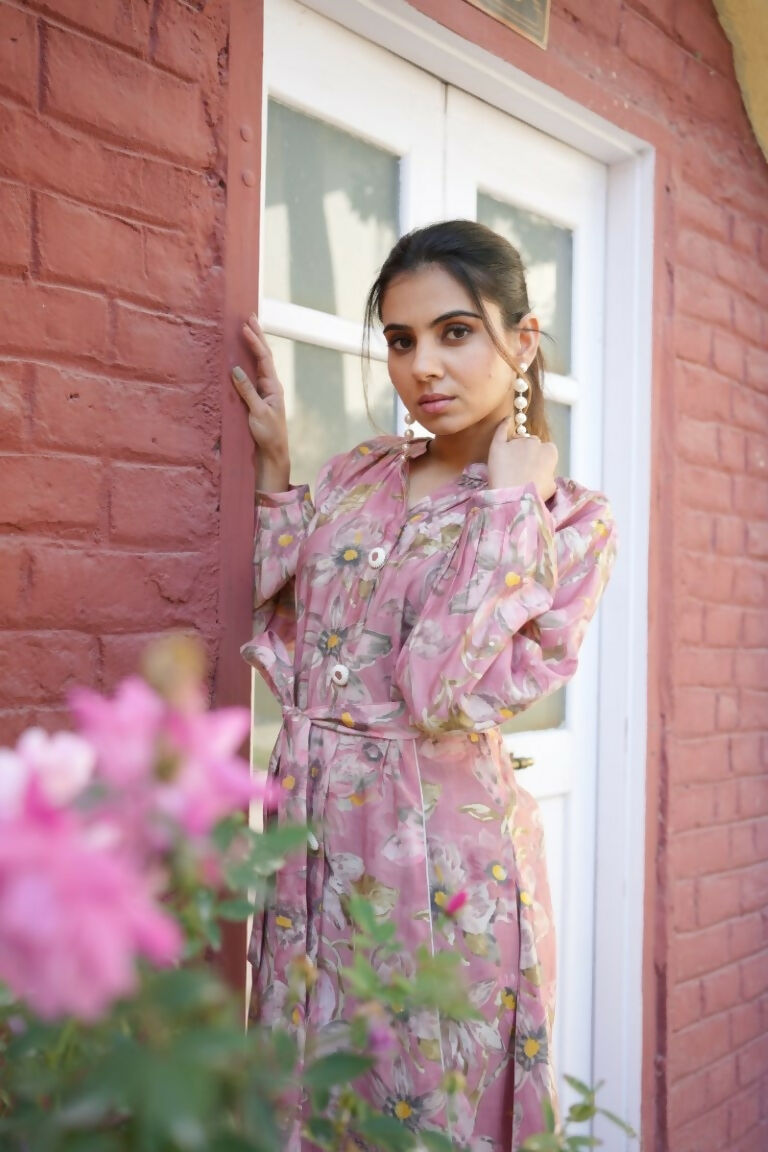Vaasva Women Pink Muslin Floral Printed Knee Length Dress